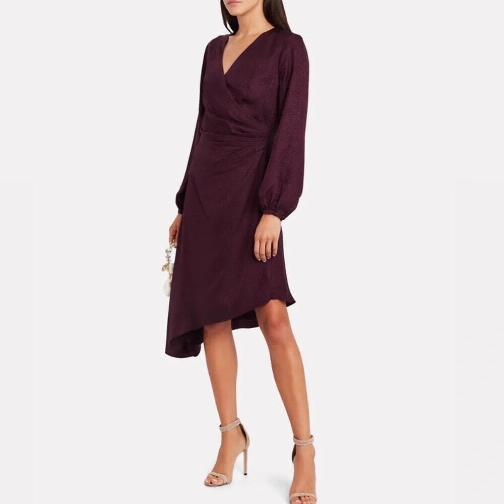 Intermix Nadia Long Sleeve Dot Silk Asymmetrical Mini Dress Purple 0